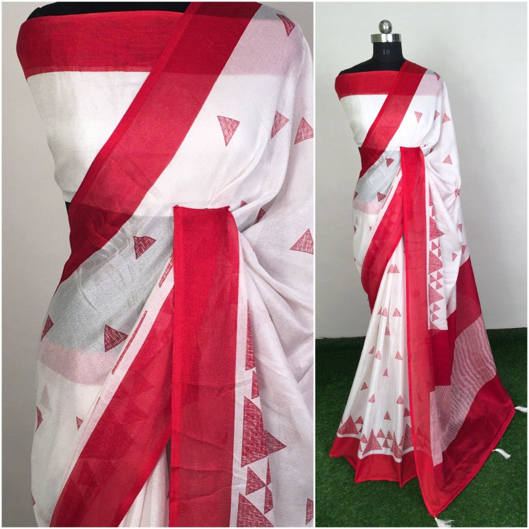 White linen silk printed saree