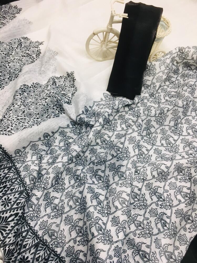 White malmal linen cotton saree