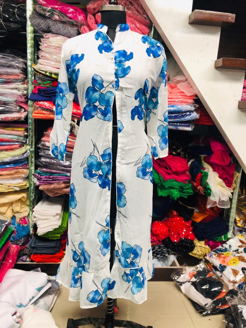white masleen blue floral printed casual kurti