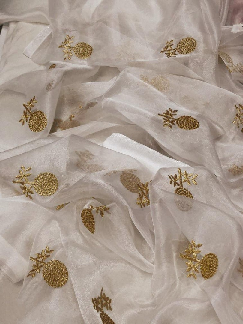 White moss organza embroidered stylist wedding saree