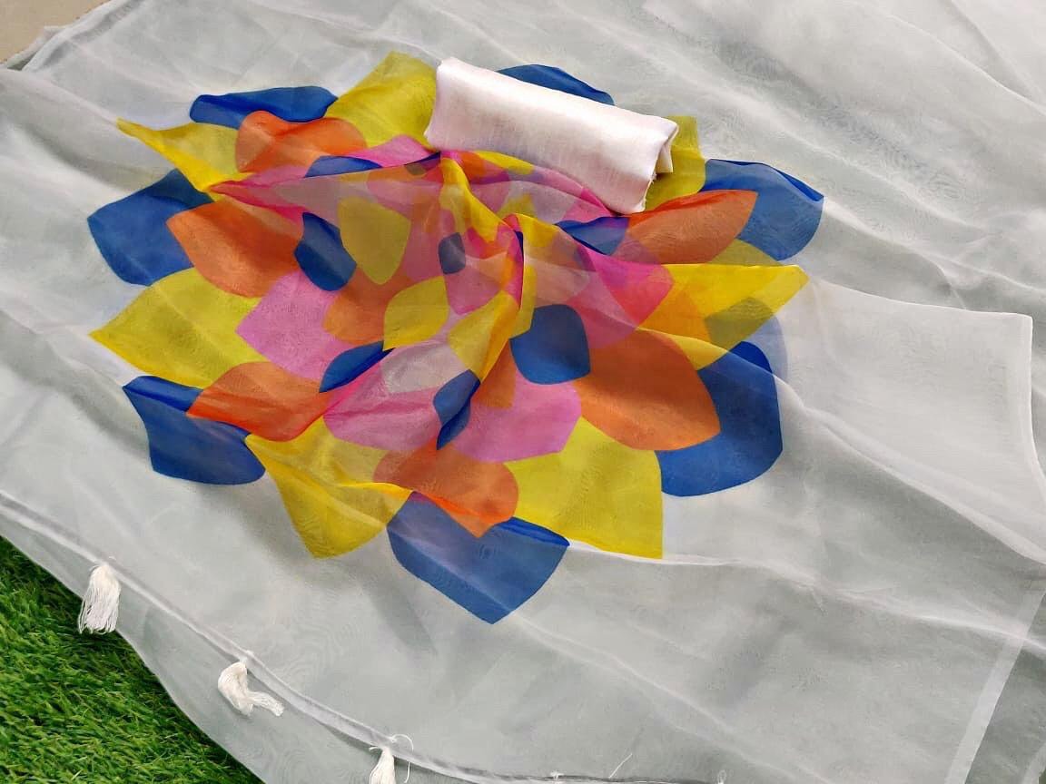 White moss organza multicolor digital printed attractive saree