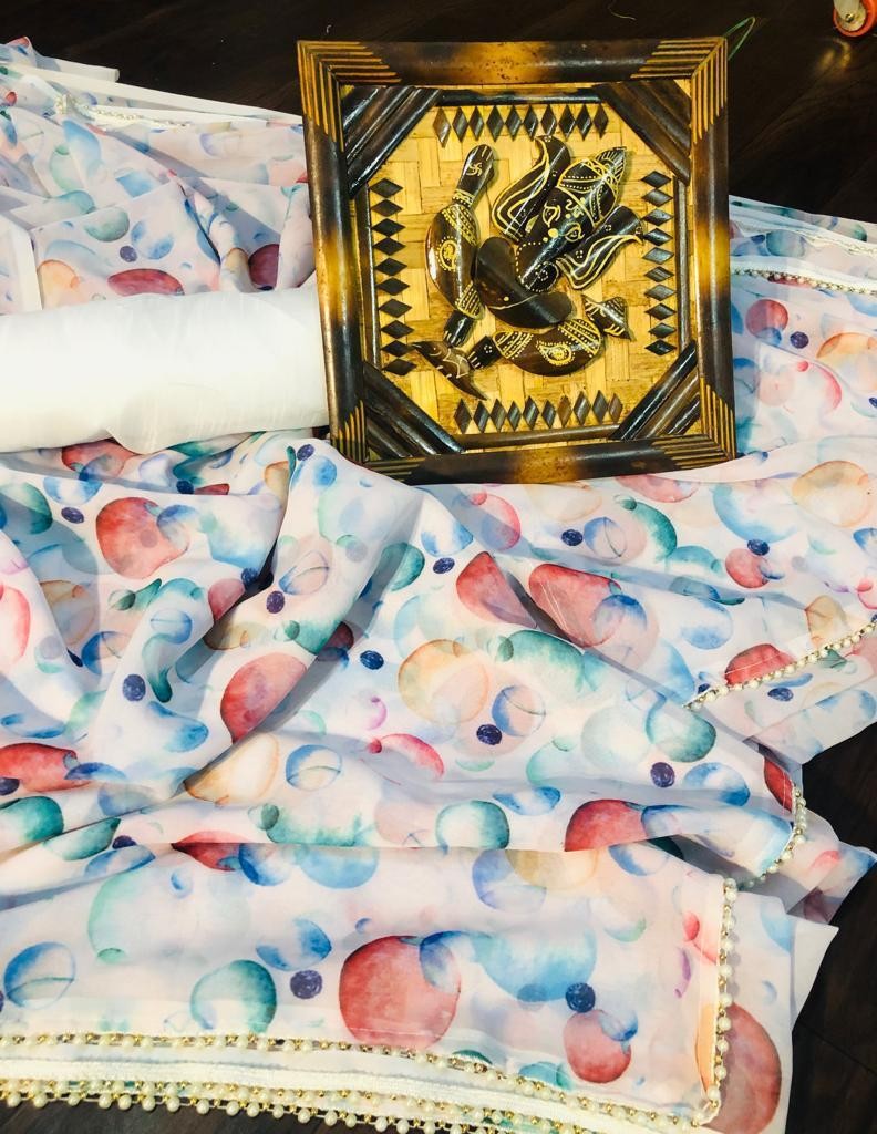 white multicolor digital printed saree
