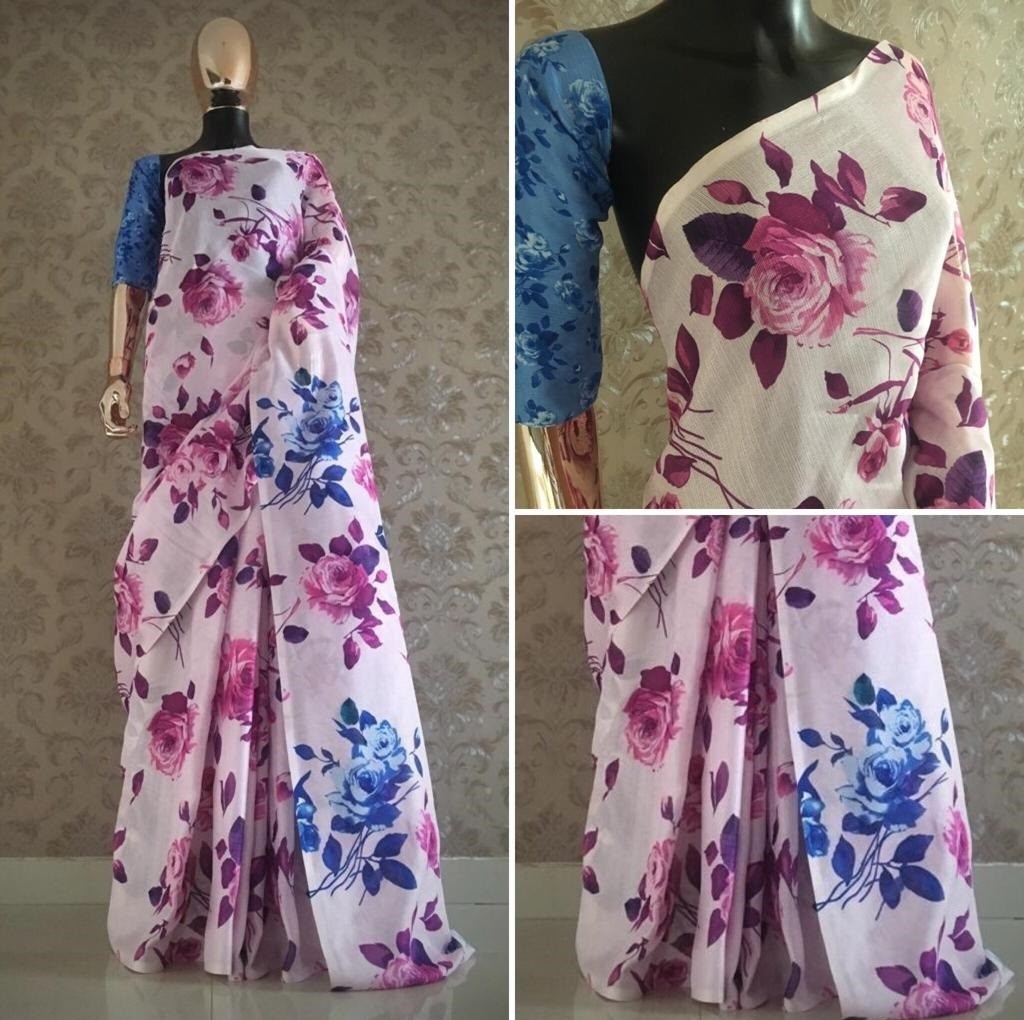 White multicolor flower printed jute saree