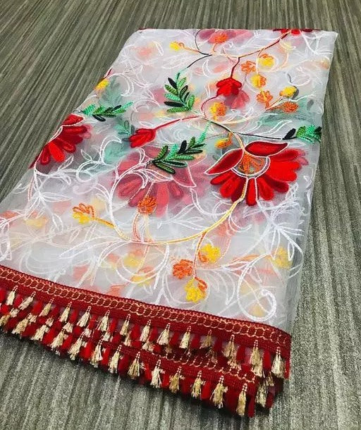 White multicolor thread work net dupatta