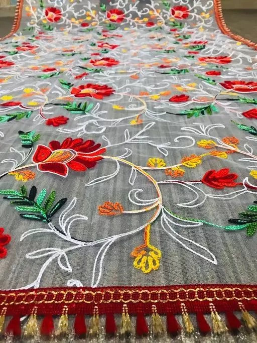 White multicolor thread work net dupatta
