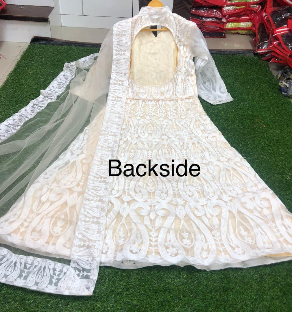 White net chain stitch embroidered gown