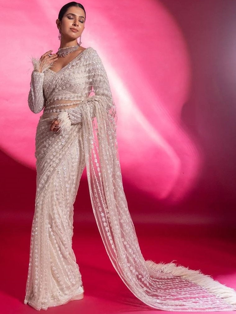 White net heavy sequence thread work wedding saree