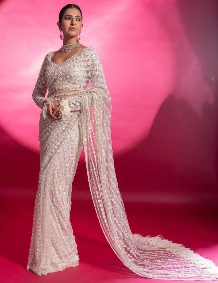 White net heavy sequence thread work wedding saree
