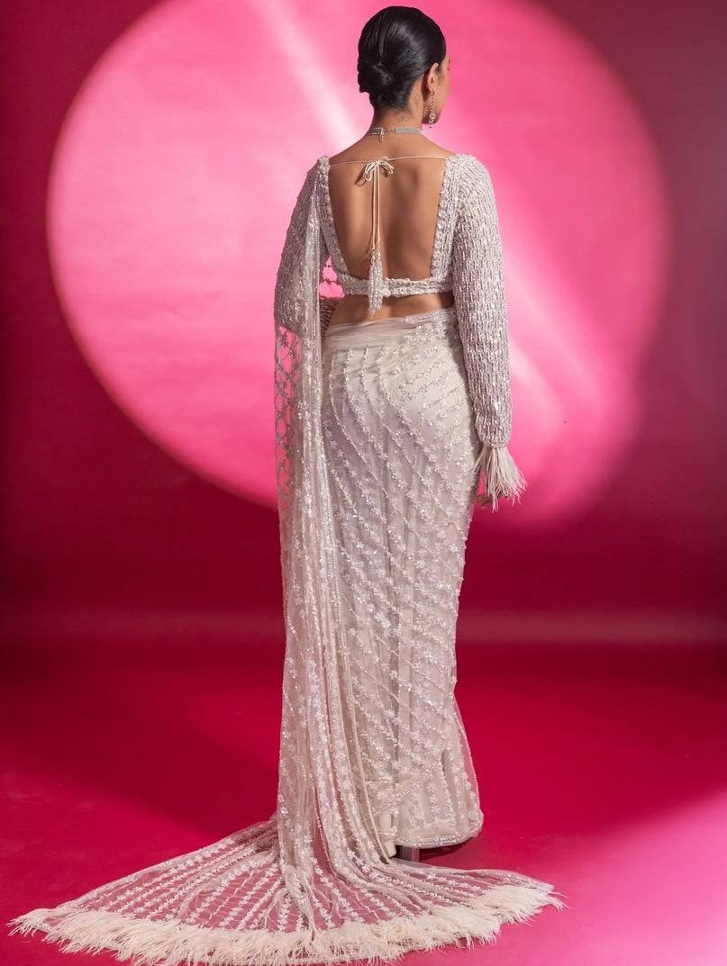 White net heavy sequence thread work wedding saree