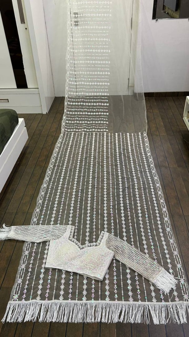 White net heavy sequence thread work wedding saree