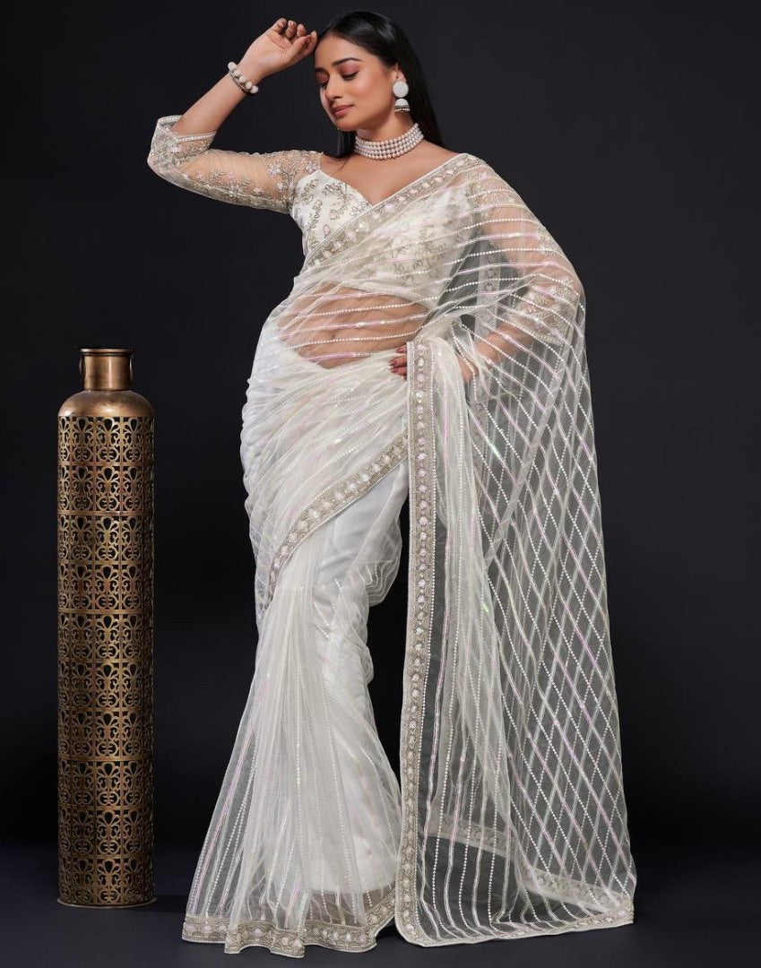 White net rainbow sequence thread work designer wedding saree