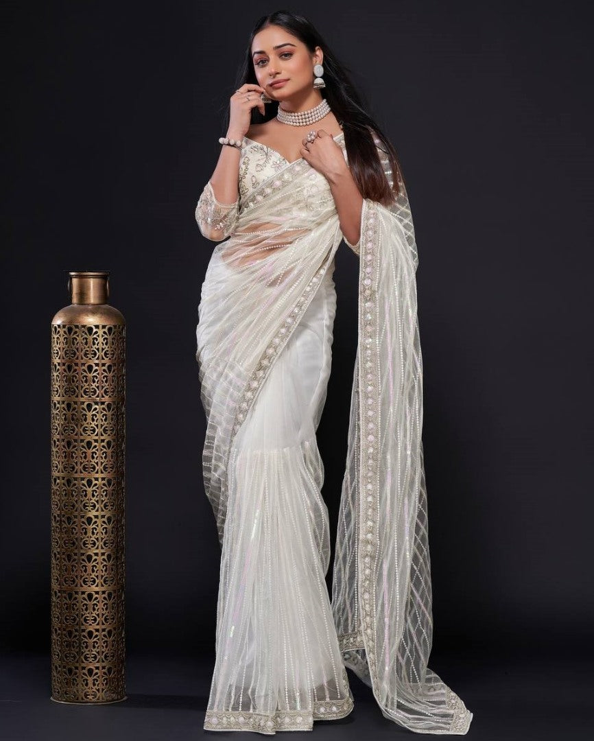 White net rainbow sequence thread work designer wedding saree