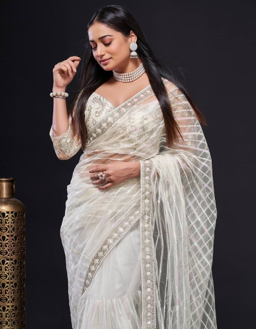 White net rainbow sequence thread work designer wedding saree