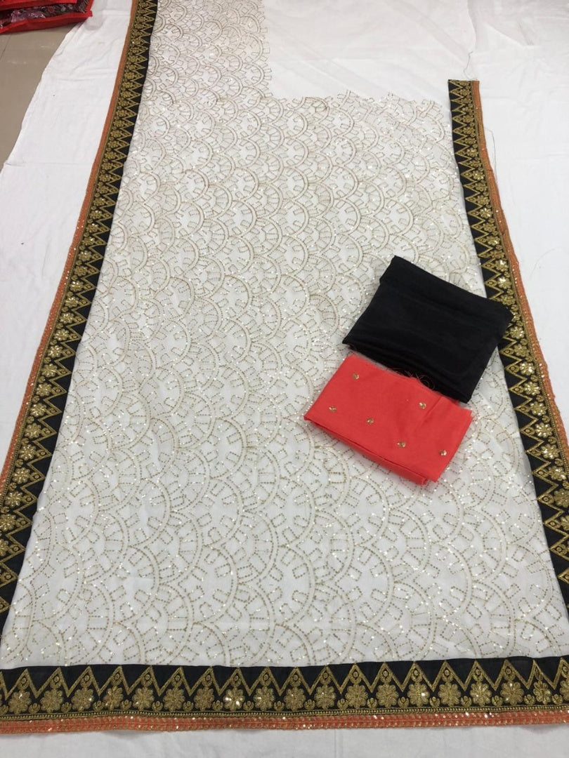 White net sequence embroidered wedding saree