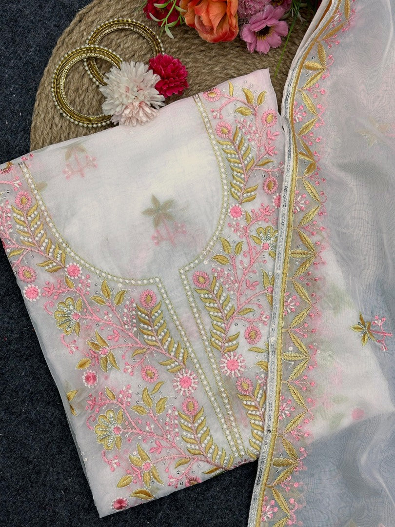 White organza designer unstitched salwar suit