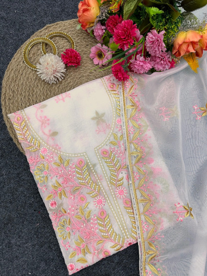 White organza designer unstitched salwar suit