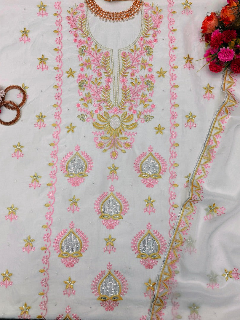 White organza designer unstitched salwar suit