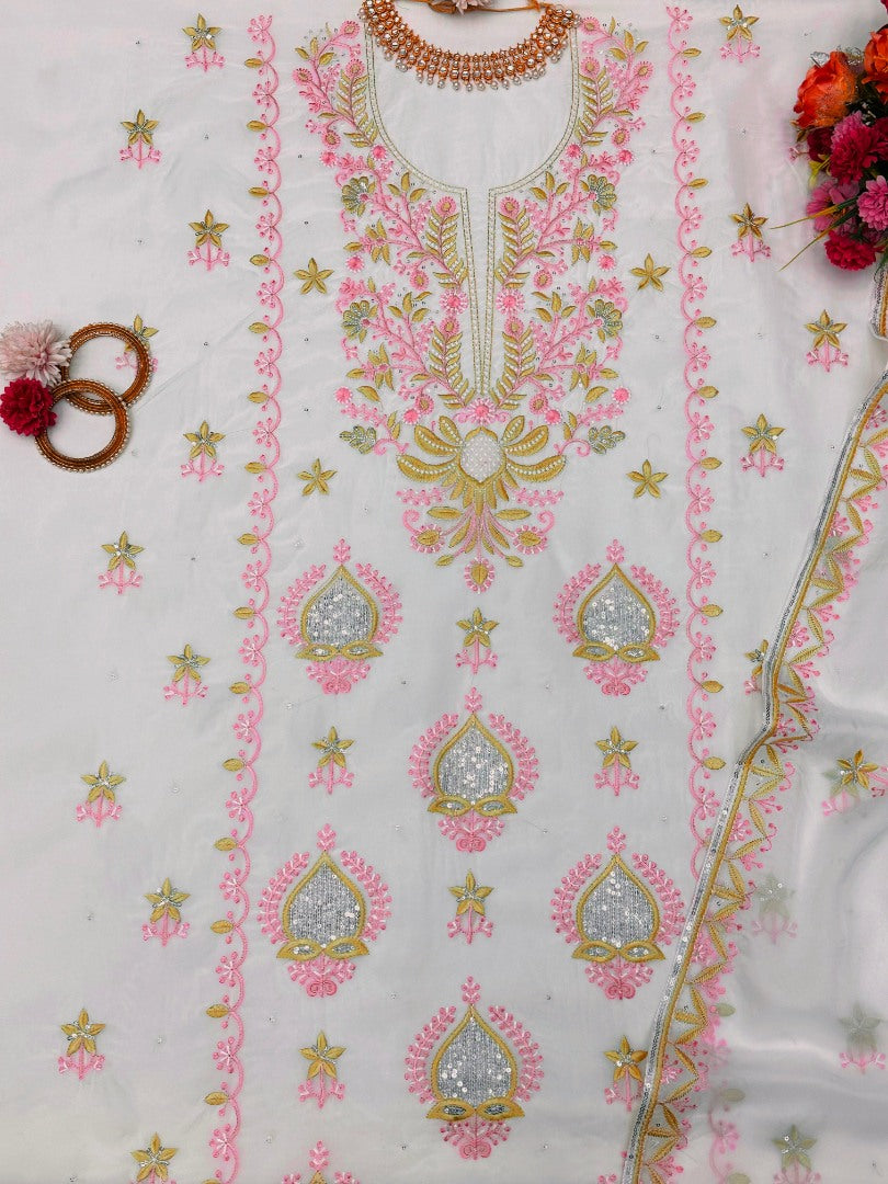 White organza designer unstitched salwar suit
