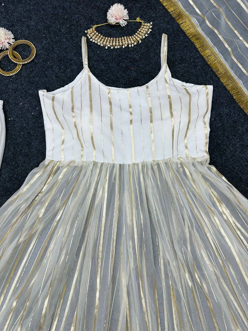 White organza foil work anarkali suit
