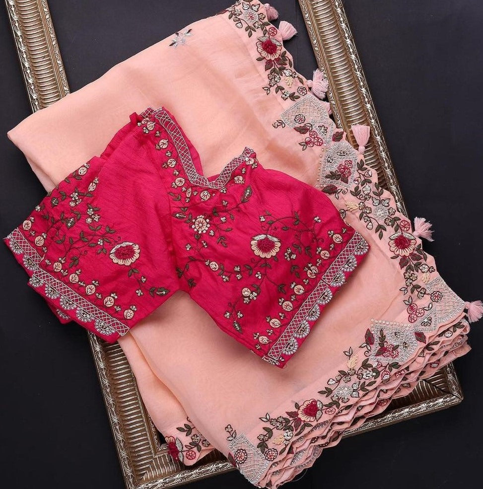 White organza sequence embroidered work ceremonial work designer saree