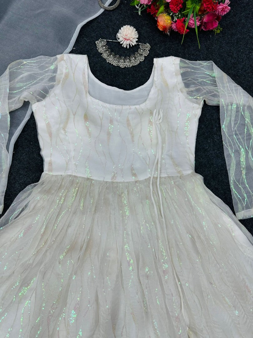White organza sequence work anarkali frock suit