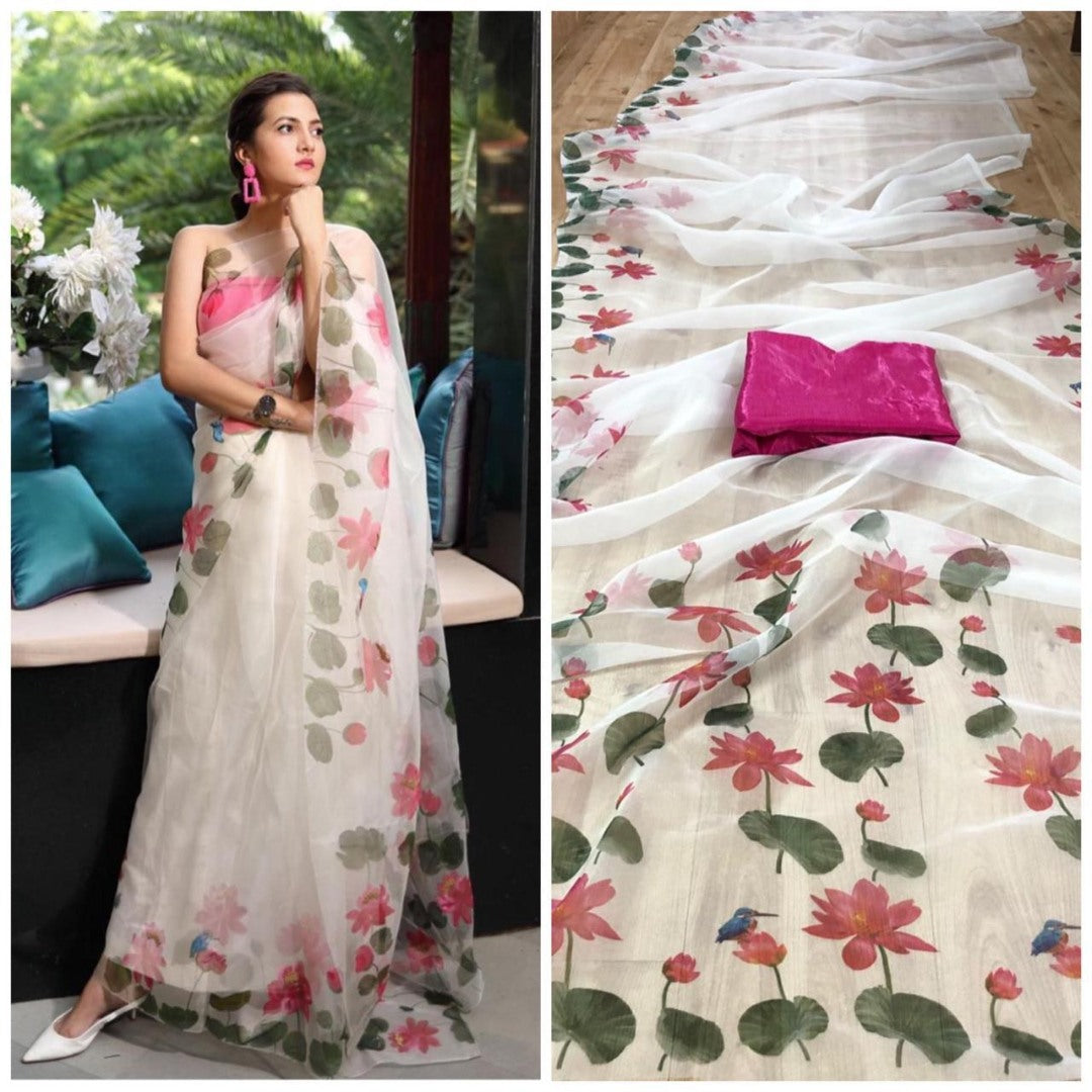 White organza silk digital floral printed saree
