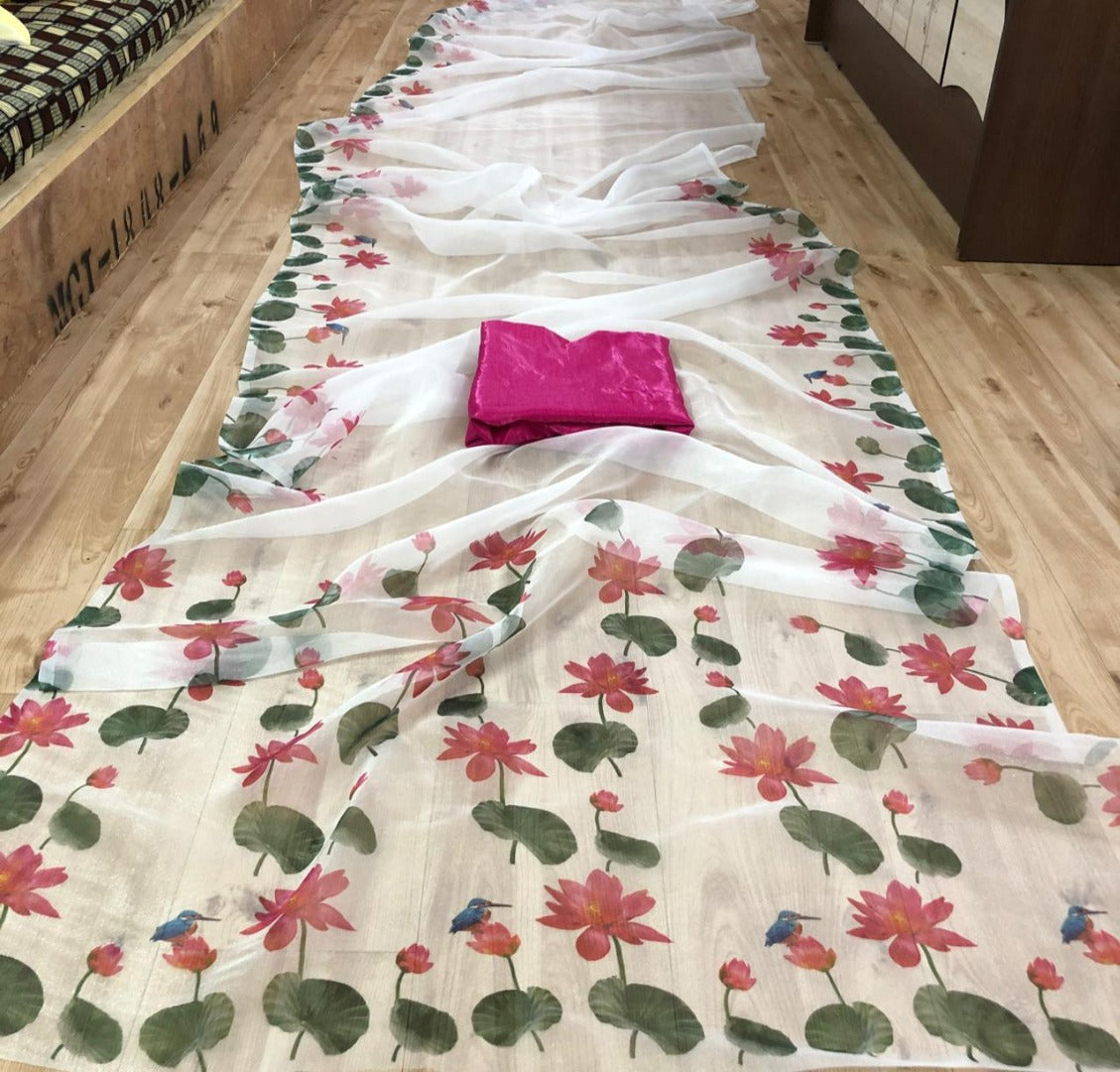 White organza silk digital floral printed saree