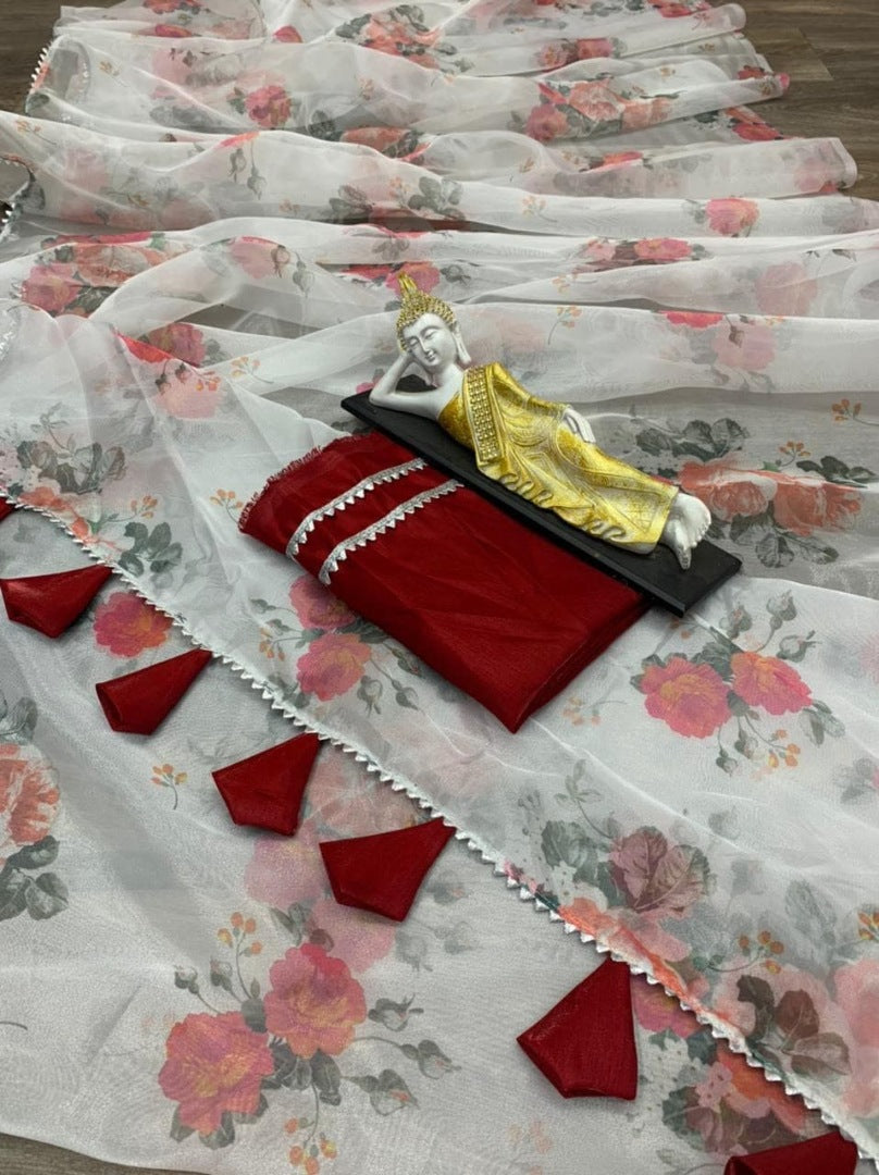 White organza with digital printed fancy saree