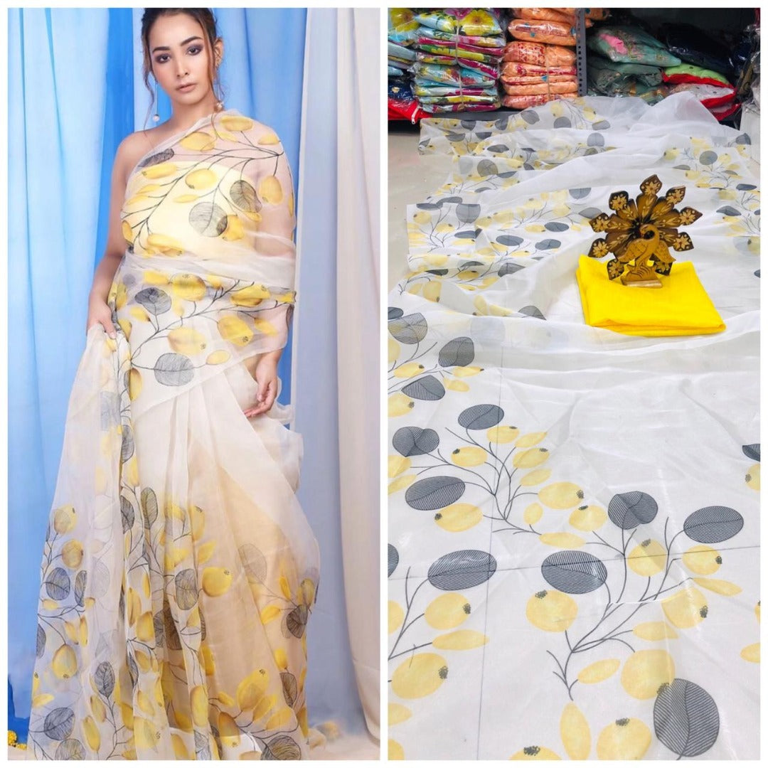 White organza yellow and grey leaf printed saree