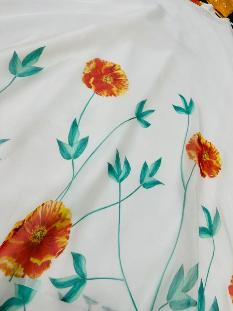 White organza yellow flower printed crop top lehenga