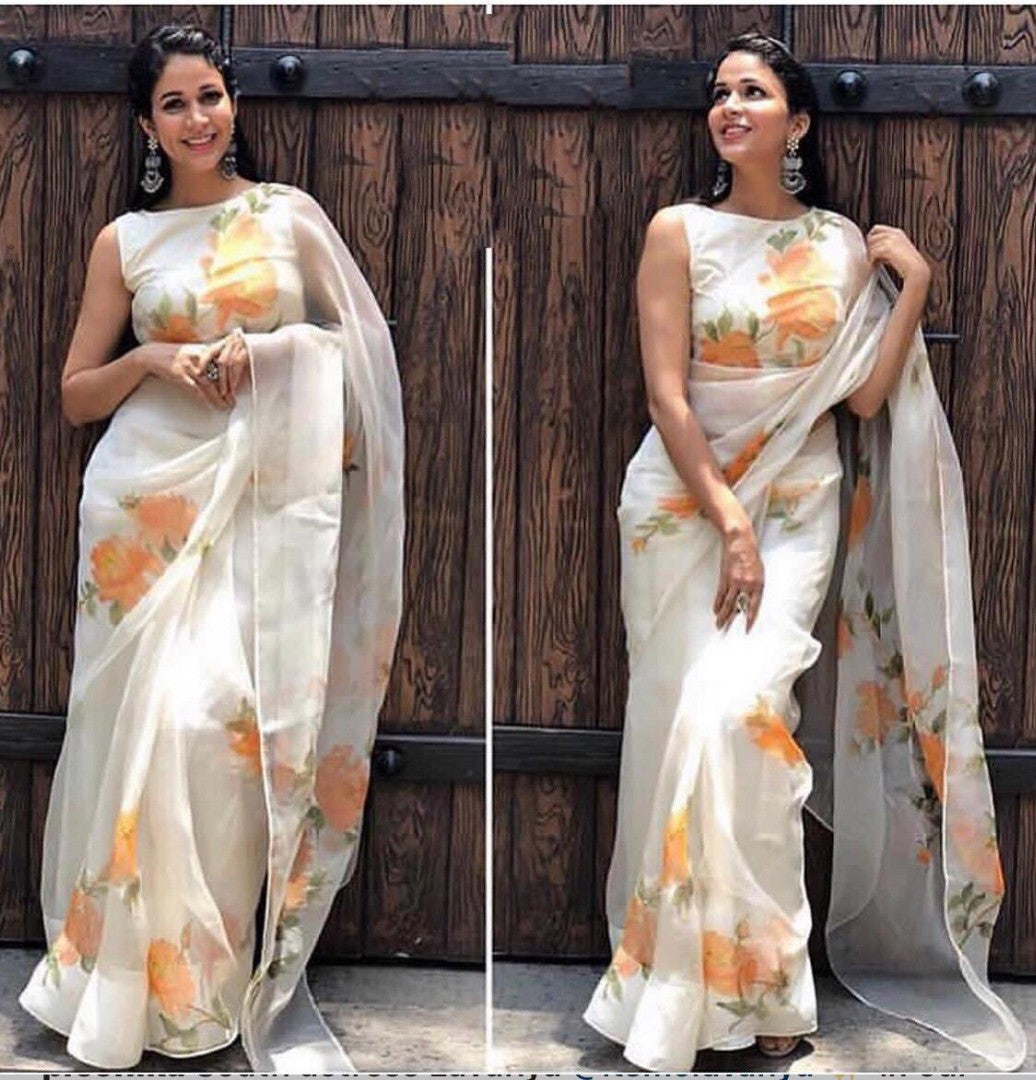white orgenza net digital printed saree