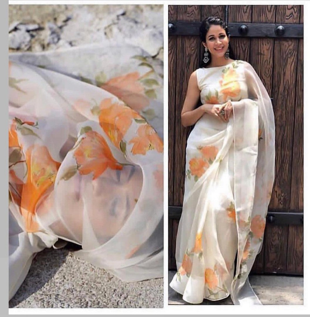 white orgenza net digital printed saree