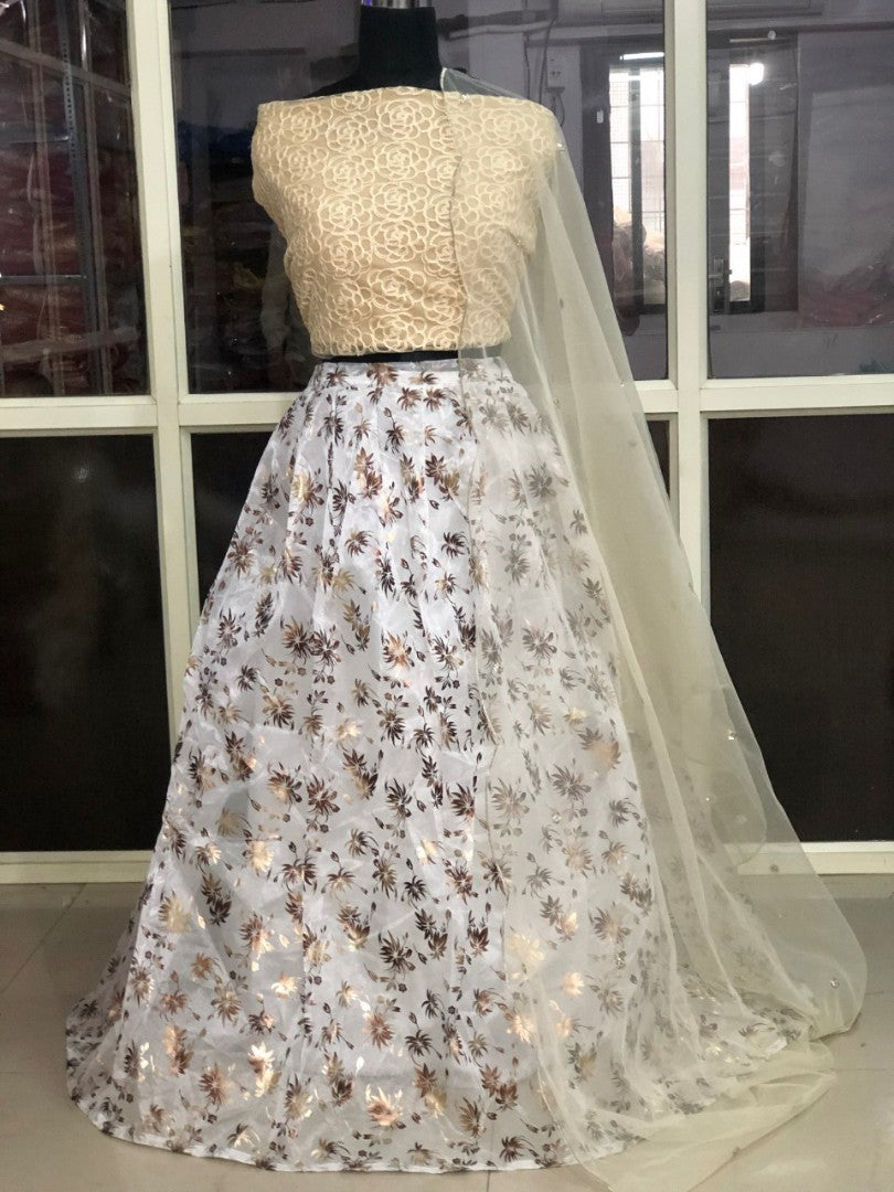 white orgenza silk foil printed lehenga choli