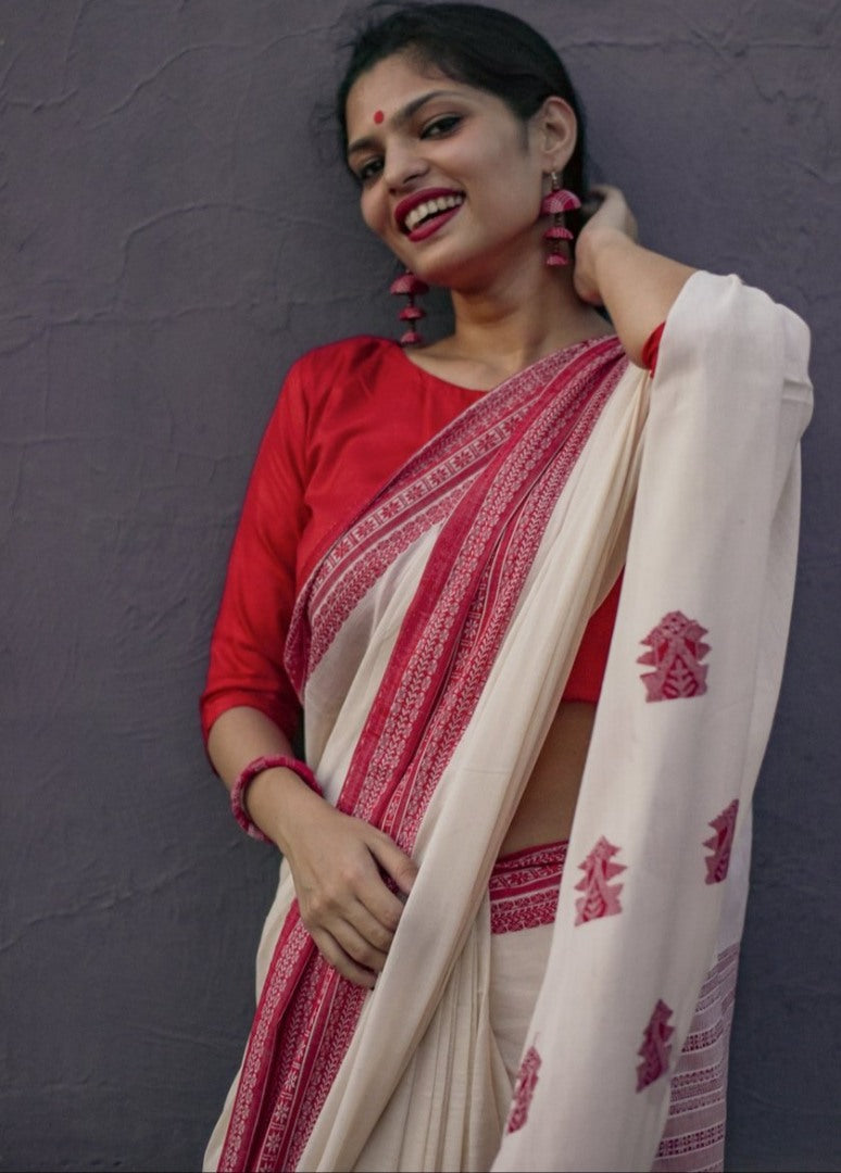 White original chanderi linen digital printed work saree