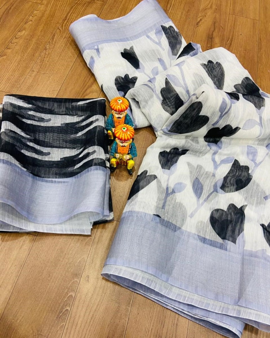 White original linen border and digital printed work banglori saree