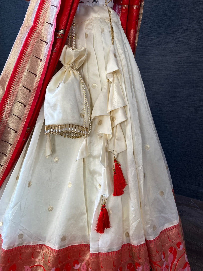 White paithani jacquard weaving work wedding lehenga choli with purse