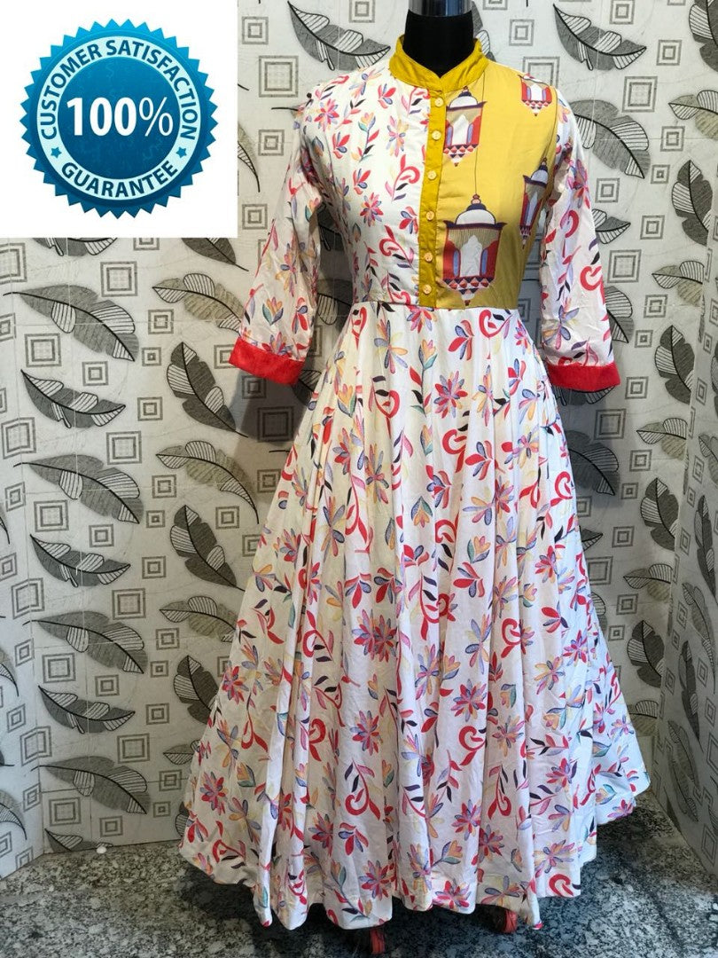 white printed maslin cotton long kurti