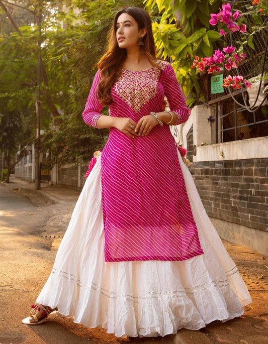 White rayon cotton lehenga with long top lehenga suit