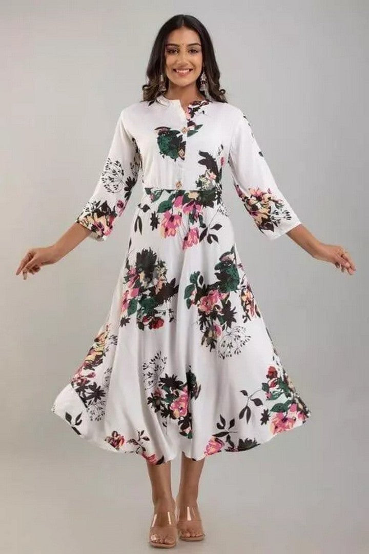 White rayon floral printed gown kurti