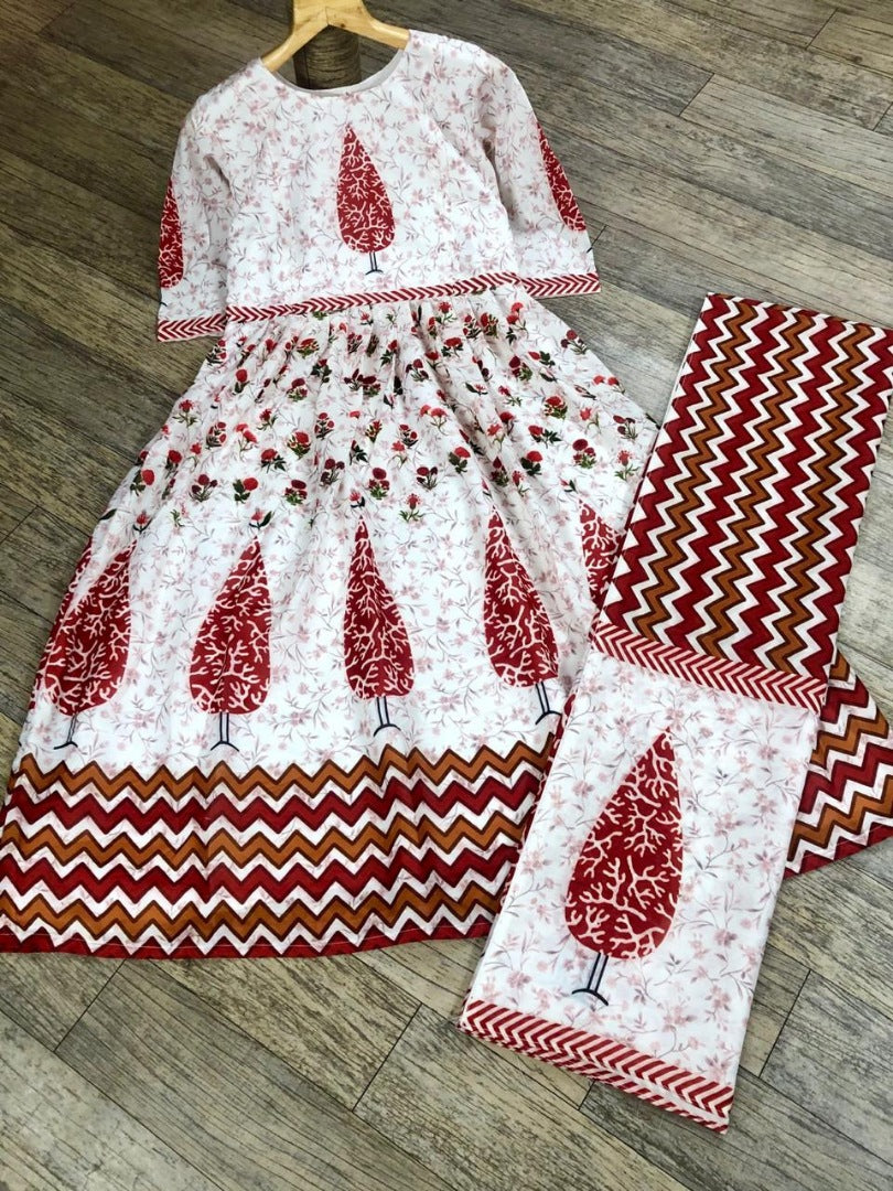 white reyon cotton printed anarkali plazzo kurti