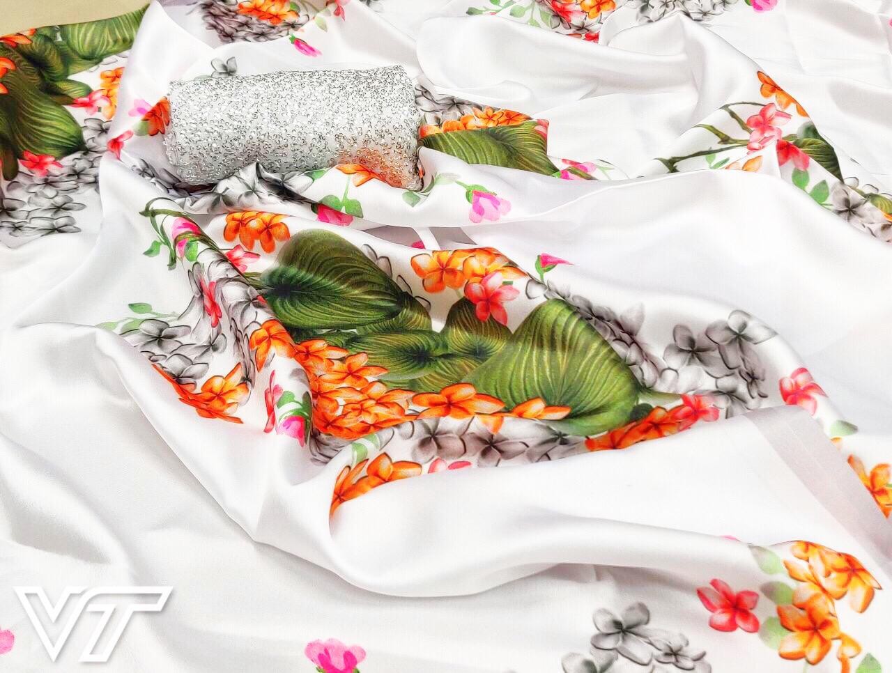 white satin digital printed ceremonial saree