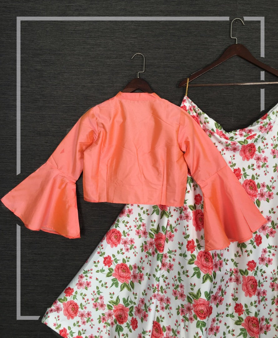 White satin orange floral printed crop top lehenga