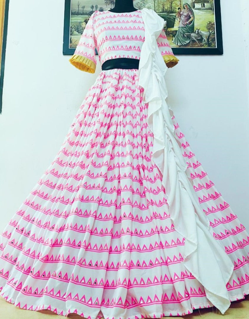 White soft butter silk digital printed mirror work lehenga choli