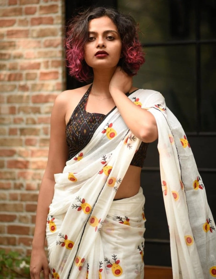 White soft lien digital printed work saree