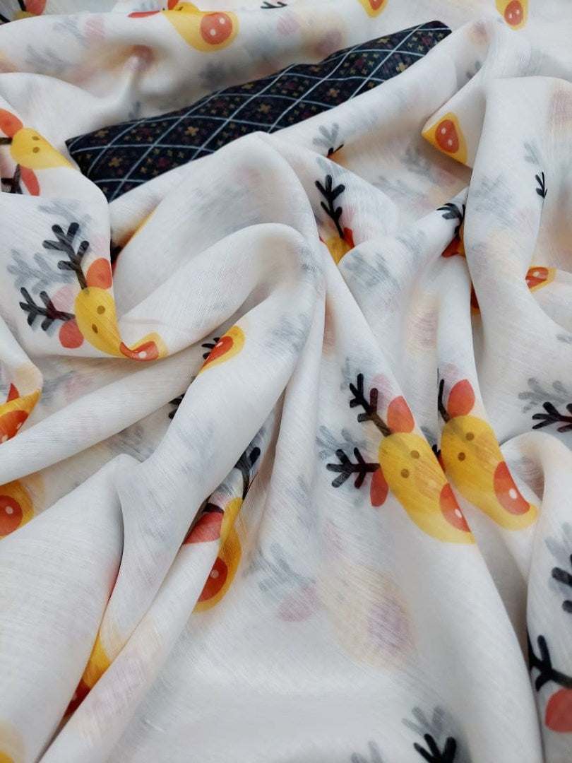 White soft lien digital printed work saree