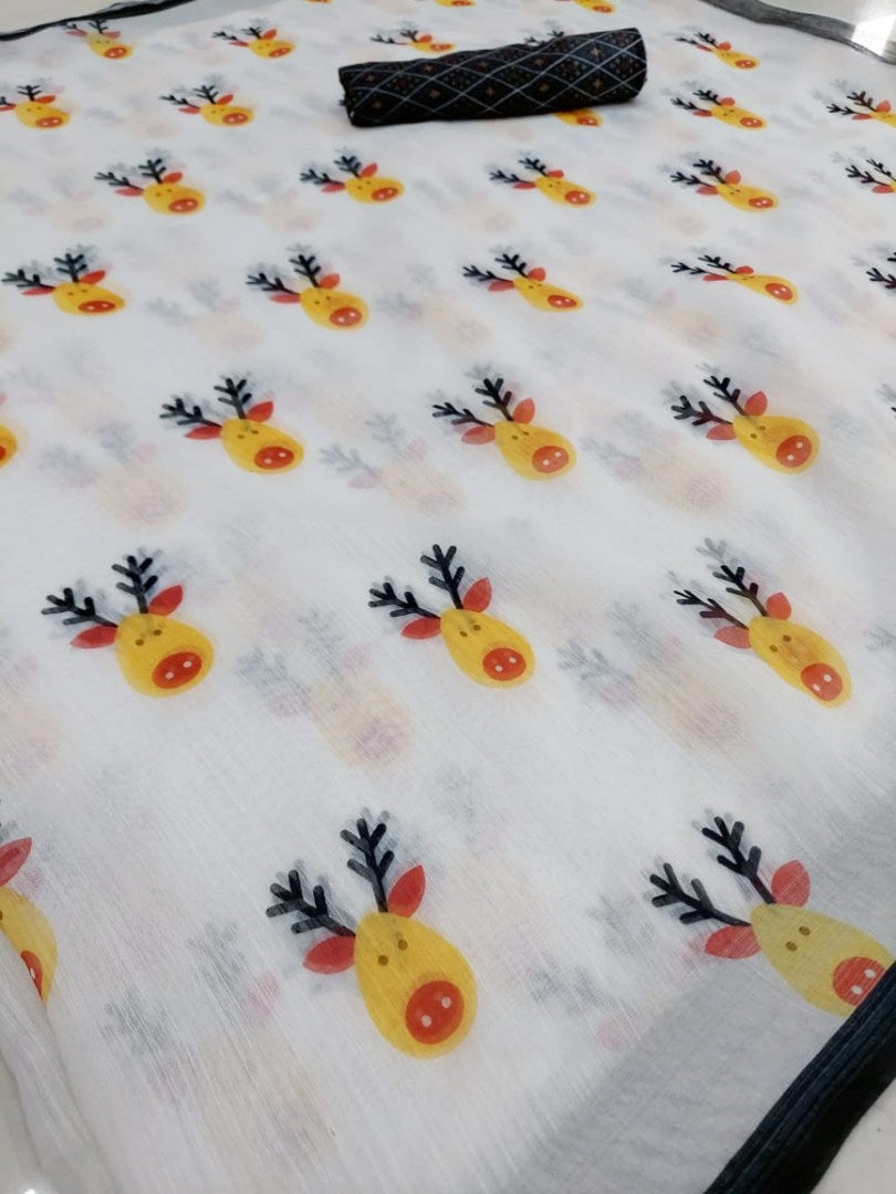 White soft lien digital printed work saree