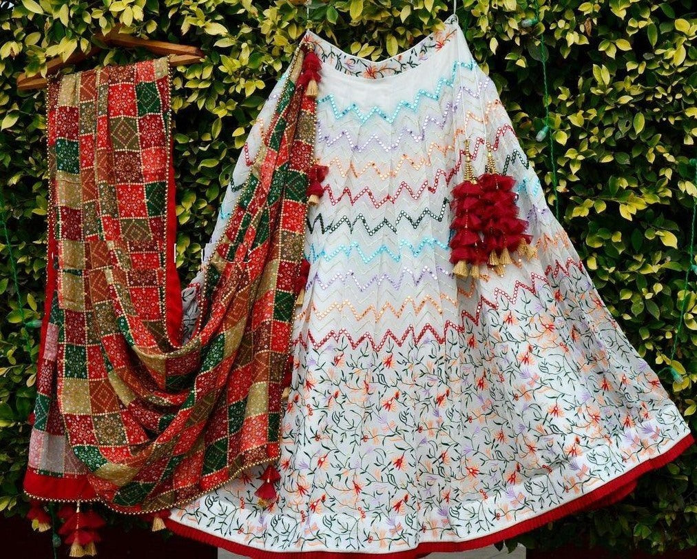 White taffeta silk embroidered foil mirror work traditional lehenga choli