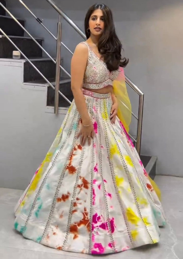 White tapeta silk multicolor print and sequence work wedding lehenga
