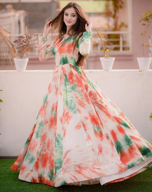 White tapeta silk multicolor printed gown