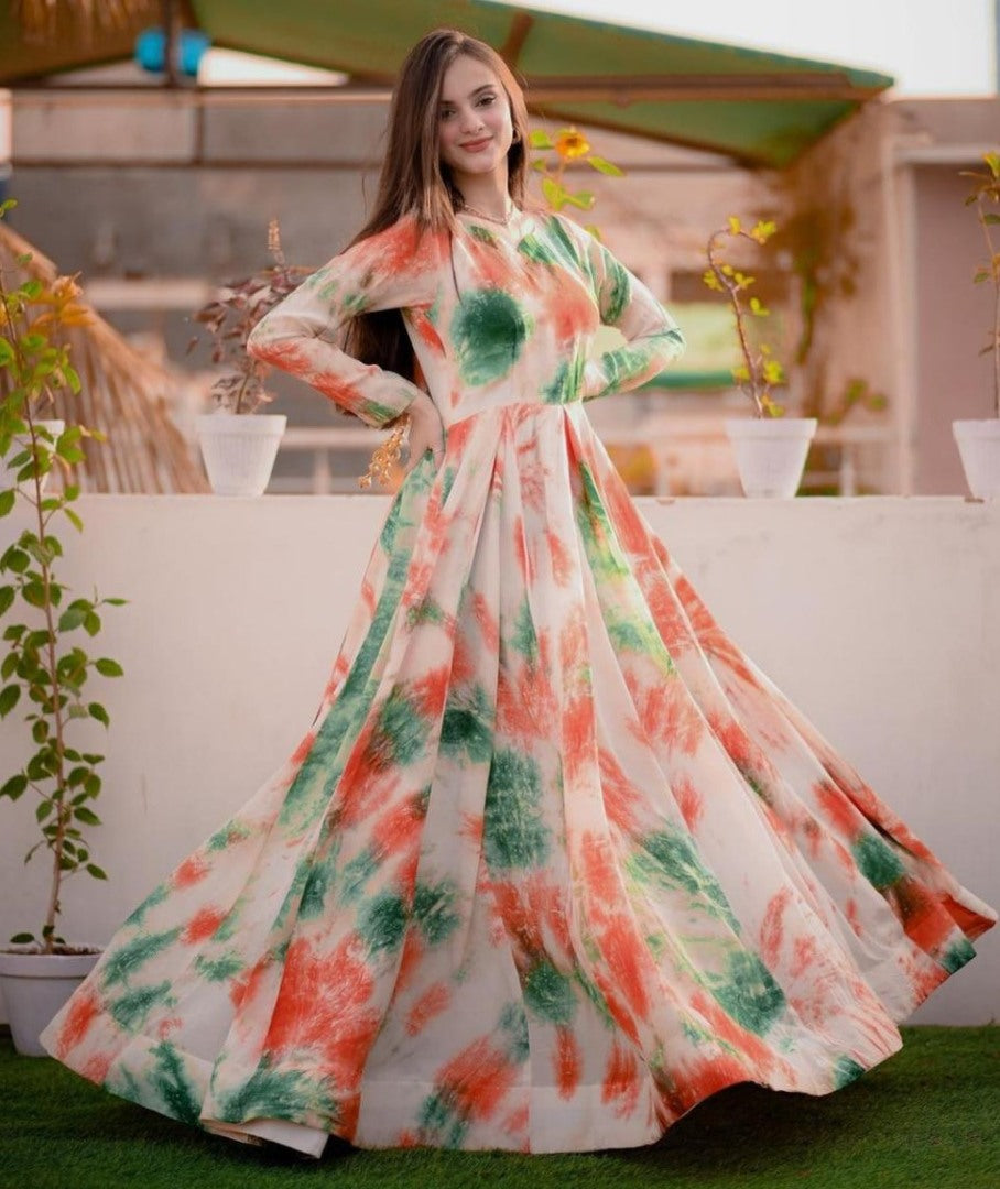 White tapeta silk multicolor printed gown